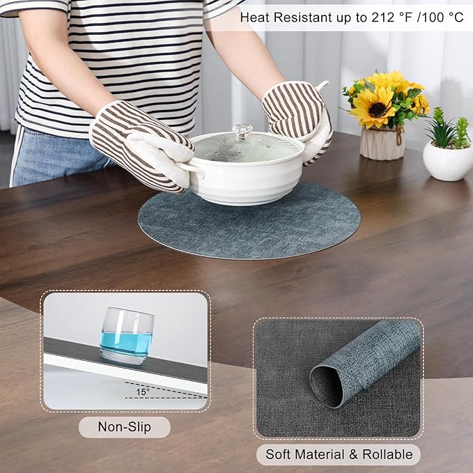 Myir JUN Round Placemats, Dual Sided Faux Leather Place Mats Set of 6 Indoor/Outdoor Non-Slip Washable Table Mats (Gray Light Blue, Set of 6)