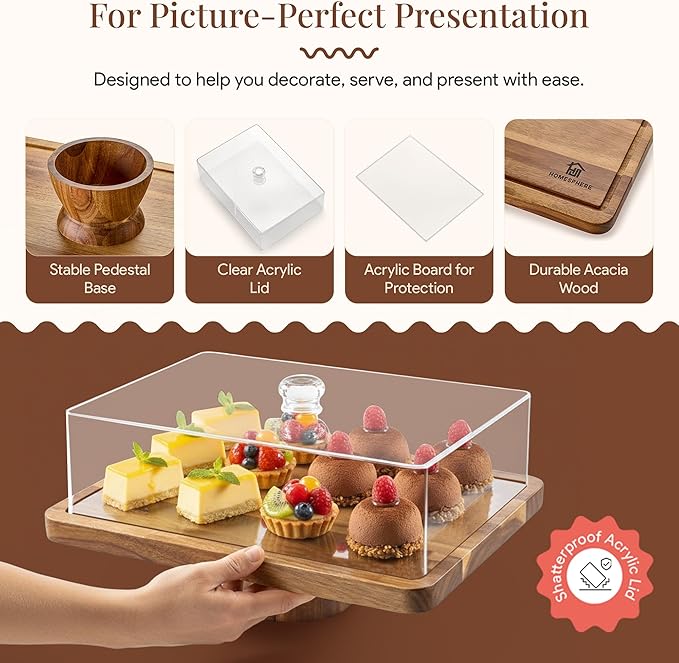 Acacia Wood Valentine Cake Stand with Lid - Rectangle Holder for Valentine's Baking, 2-in-1 Dessert Display & Charcuterie Board, Valentine's Day Serving Platter, Acrylic Dome Cover