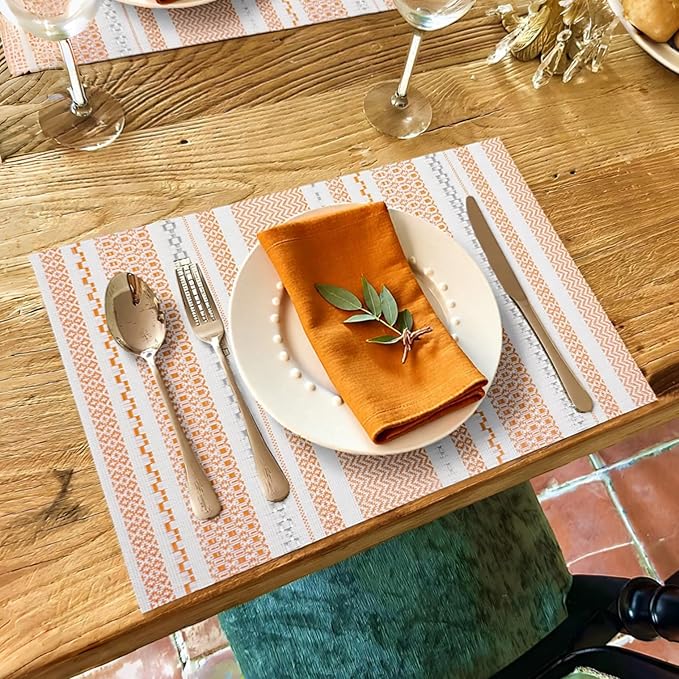 FAVE Boho Vinyl Placemats Set of 6, Durable Woven Place Mats Washable Heat Resistant PVC Table Mats for Parties,Weddings, Dining,Banquet(Orange, 6PCS)