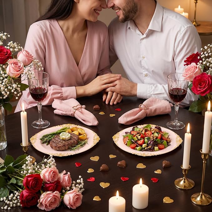 102PCS Pink Plastic Plates - Pink and Gold Plate - Heavyweight Disposable Plate with Gold Rim - Fancy Dinner & Dessert Plates for 51 Guests Weddings & Parties