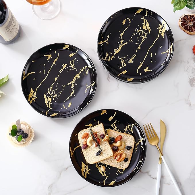 6-Piece Dinner Plate Set, 10-Inch Black Marble Ceramic Plates with Gold Rim, Oven & Microwave Safe, Elegant Appetizer Salad Dessert Plates for Modern Dining, Dishwasher Safe.