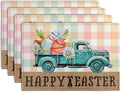 Happy Easter Placemats Set of 4 Pink Yellow Blue Buffalo Plaid Truck Eggs Daisy Easter Table Mats Spring Seasonal Linen Place Mat Washable Place Mats for Party Kitchen Dining Outdoor Indoor Decor
