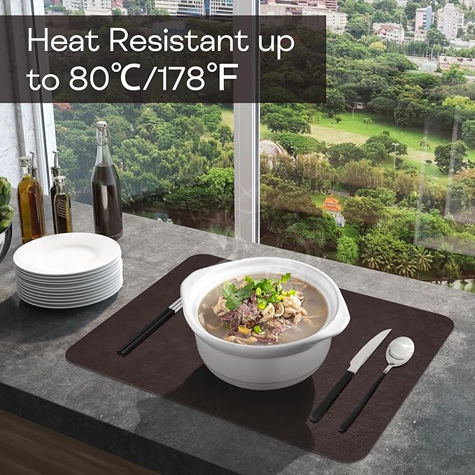 AAPLKER Faux Leather Placemats Set of 6, Vinyl Placemats Wipeable Waterproof Oil-Proof Table Mats, Heat Resistant Place Mats for Kitchen Indoor Outdoor, 16.9 x 11.8 inches (Choco Brown/Black)