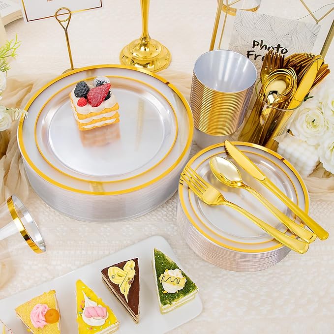 WELLIFE 600 PCS Clear Gold Disposable Dinnerware Set for 100 Guests — Elegant Gold rimmed Plastic Plates, Cups & Cutlery for Weddings, Receptions & Holiday Events, BPA-Free, Clear and Gold