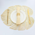 Evevda Gold Leaf Shaped Vinyl Placemats for Dinner Table Set of 6 Metallic Plastic Gold Place Mats Wipeable 6Pcs Table Mats for Wedding Annersary Dinner Table Decoration Mats(17.7x13.8inch/45x35cm)