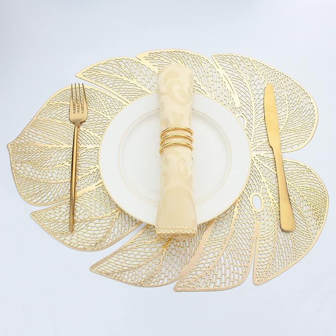 Evevda Gold Leaf Shaped Vinyl Placemats for Dinner Table Set of 6 Metallic Plastic Gold Place Mats Wipeable 6Pcs Table Mats for Wedding Annersary Dinner Table Decoration Mats(17.7x13.8inch/45x35cm)