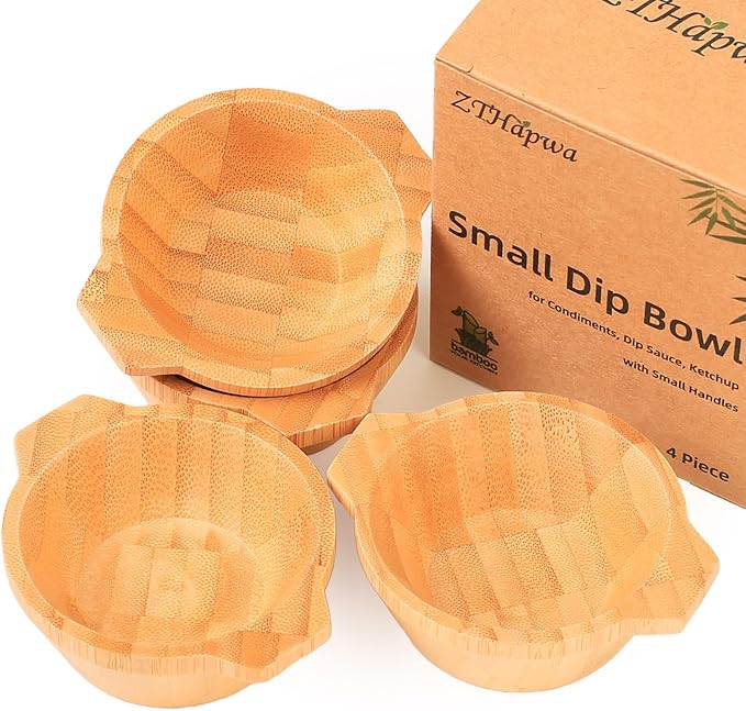 Mini Serving Bowls, 1.7 oz Small Bamboo Dipping Sauce Bowls with Handles for Charcuterie Boards/Side Dishes, Tart-shaped Pinch Bowl for Condiments/Snacks/Other Finger Foods, Set of 4