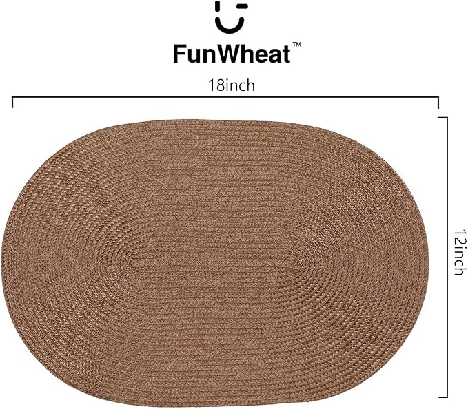 FunWheat Oval Braided Placemats Set of 8 Table Mats for Dining Tables Washable Heat Resistant Place Mats for Indoor Outdoor Use 12 x18 Inch(Oval Light Brown, 8pcs)