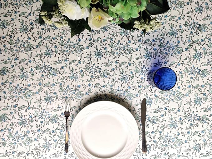 ATOSII Aster Blue 100% Cotton Rectangle Boho Fall Tablecloth, Handblock Floral Table Cloth Linen for Kitchen Dining I Parties Wedding Outdoors Christmas Thanksgiving I Fall Home Decor 60 X 90 Inches