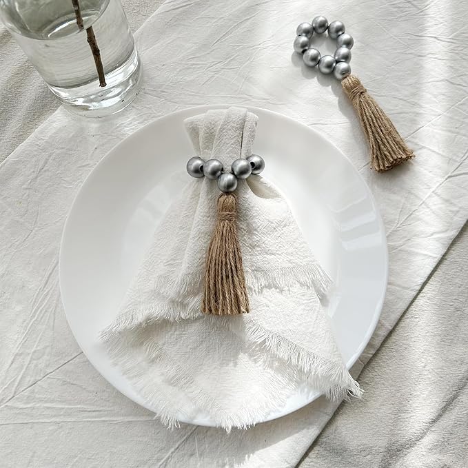 Napkin Rings Set of 12,Wooden Napkin Rings,Wood Bead Elastic Farmhouse Napkin Ring with Tassel,Boho Napkin Holder for Table Decor,Weeding,Dinner,Party(Silver)