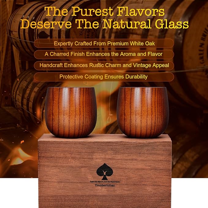 Charred Wooden Whiskey Glass Set of 2 – Durable Bourbon Glass for Men, Insulated Old Fashioned Glass – Whiskey Gifts for Husband, Dad, Brother – Birthday, Christmas, Father's Day