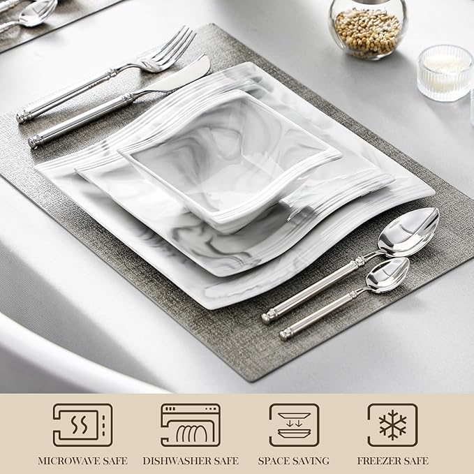 MALACASA Plates and Bowls Set, 12-Piece Modern Porcelain Dinnerware for 4, Marble Square Ceramic Dish Set, Microwave and Dishwasher Safe, Flora Series
