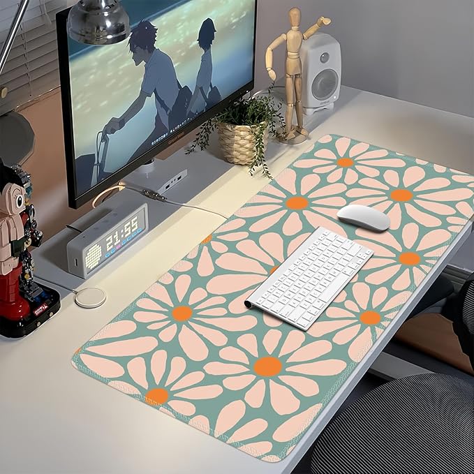 iCasso Desk Mat, XXL Large Mouse Pad, Anti-Slip Big Mousepad with Stitched Edges, Work & Gaming (Green Floral)