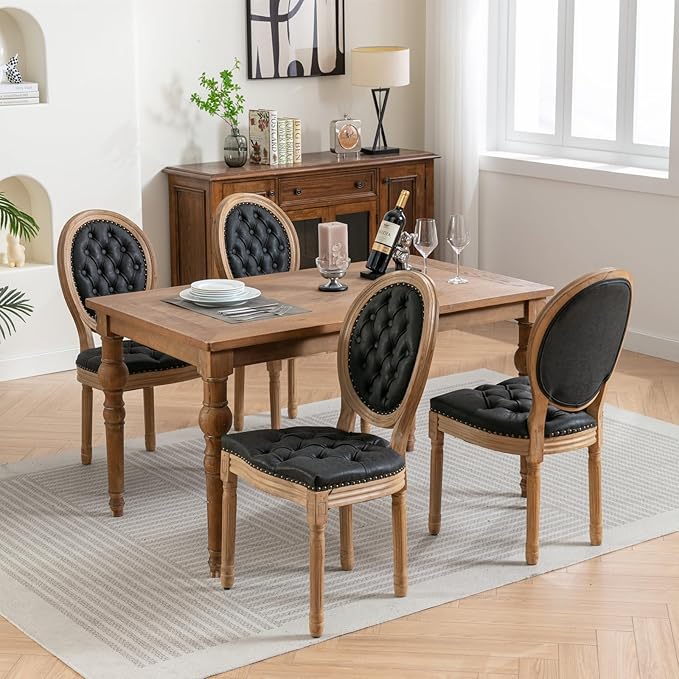 Ball & Cast French Vintage Upholstered Dining Chairs Set of 2, Button Tufted Kitchen Side-Chairs with Carved Antique Wood Frame & Nailhead Trims, PU-Leather Curved Backrest Louis Chair, PU Black