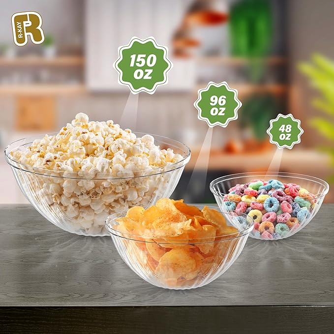 R-kay 6 Pack Extra Large Serving Bowl - 96 Ounce Plastic Serving Bowls For Entertaining - Clear Plastic Bowls For Salads And Snacks - Disposable bowls For All Occasions