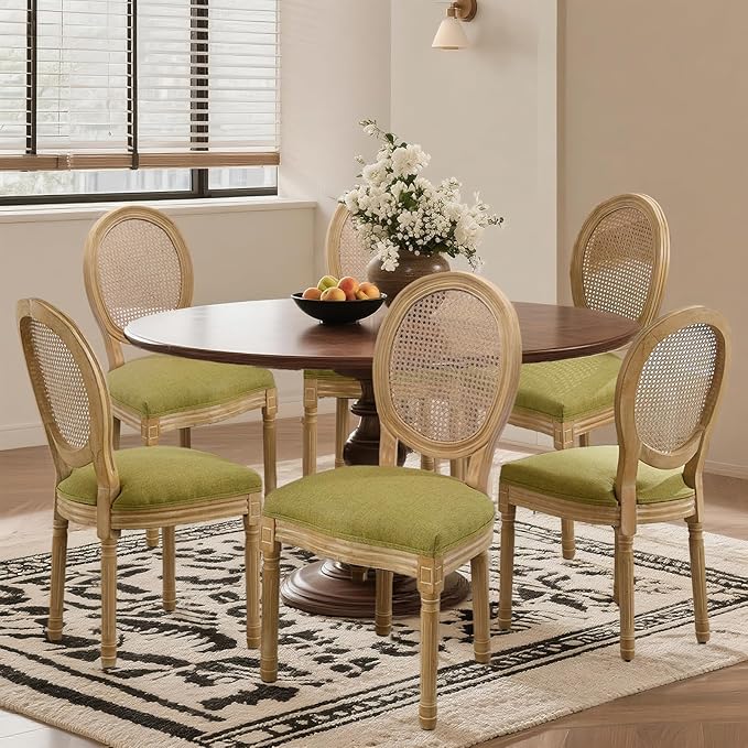 SoarFlash French Dining Chairs Set of 6, Vantage Dining Chair with Round Back, Wood Leg Farmhouse Country Rattan Dining Chair for Kitchen,Bedroom,Olive Green