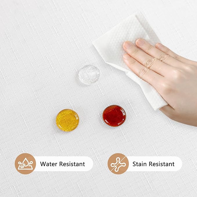 White Fabric 60 Inch Round Table Cloth Faux Linen Textured Water Resistant & Wipeable Circle Tablecloth Reusable for Dining Kitchen Patio