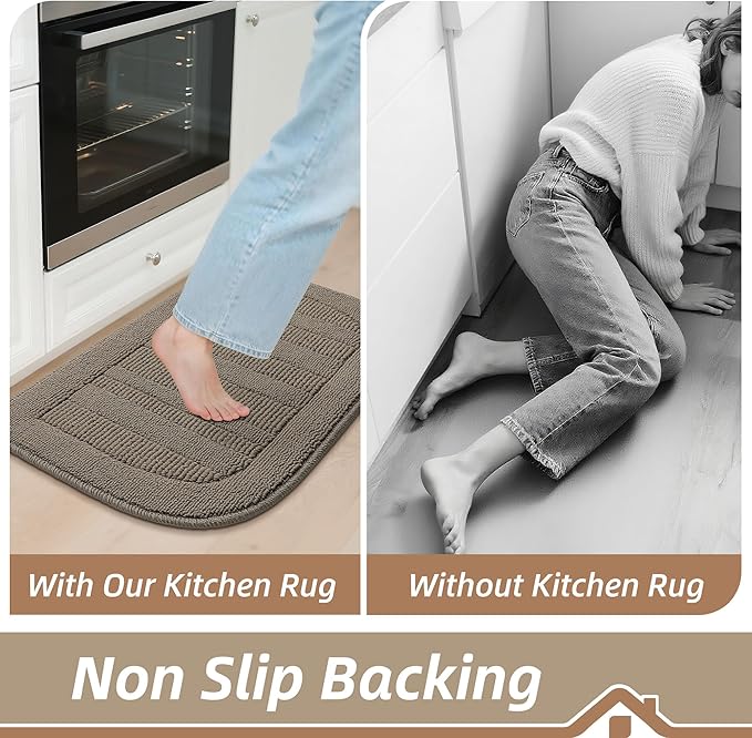 BEQHAUSE 30x18 Inch Kitchen Rug Mat Durable Kitchen Rugs Non-Slip Washable Absorbent Kitchen Mats for Floor Dirt-Resistant Semicircular Kitchen Mat (Taupe, 2PCS)