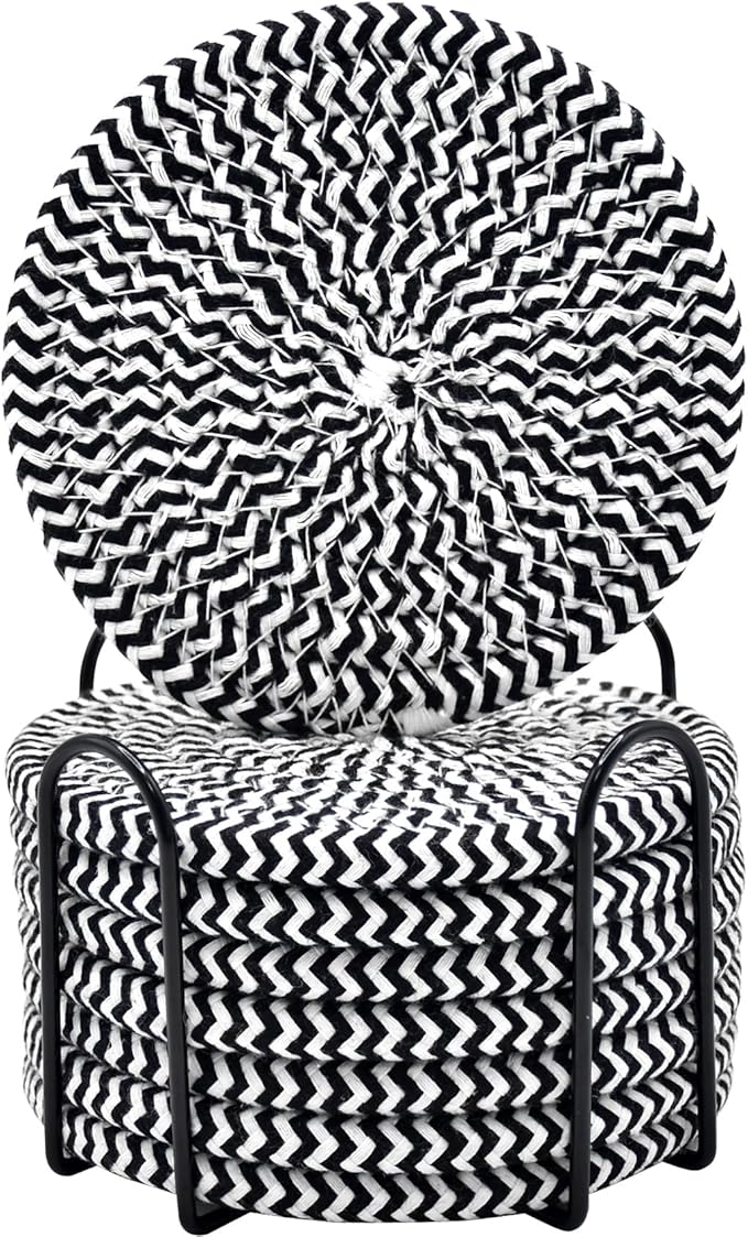 ABenkle 8 Pcs Drink Coasters with Holder, Cotton Woven Absorbent Coasters for Drinks, Minimalist Home Decor Coaster Set for Wooden Tabletop Protection Table, 4.3 inches