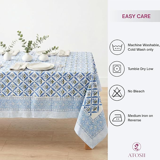 ATOSII Cotton Tablecloth Netta Blue 72" X 140" Inches