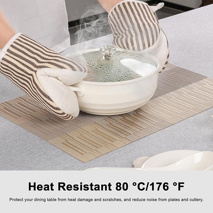 Placemats Set of 6, Vinyl Woven Place Mats Indoor Set of 6 Washable Wipeable PVC Table Mats Heat-Resistant Non Slip Plastic Placemat for Kitchen Dining Outdoor Table (Gray Gold, Set of 6)
