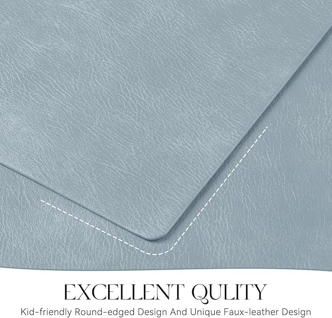 MOSAYT Vinyl Placemats Set of 6-12 X 17 Inch - Faux Leather 100% Waterproof Oil-Proof Wipeable PU Place Mats, Heat Resistant Reversible Table Mats for Kitchen, Dining, Outdoor (Light Grayish Blue)