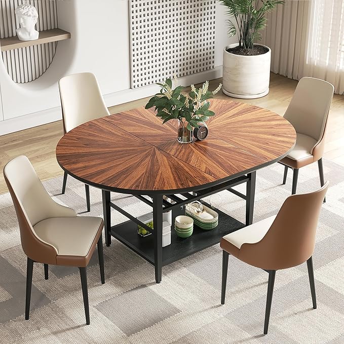 VFK 47.2"-63" Extendable Round Dining Table Set for 4–6, Solid Wood & Metal Table with Wine Rack Storage Shelf, Walnut Kitchen Furniture with 4 Upholstered Chairs (Storage Table and 4 Brown Chairs)