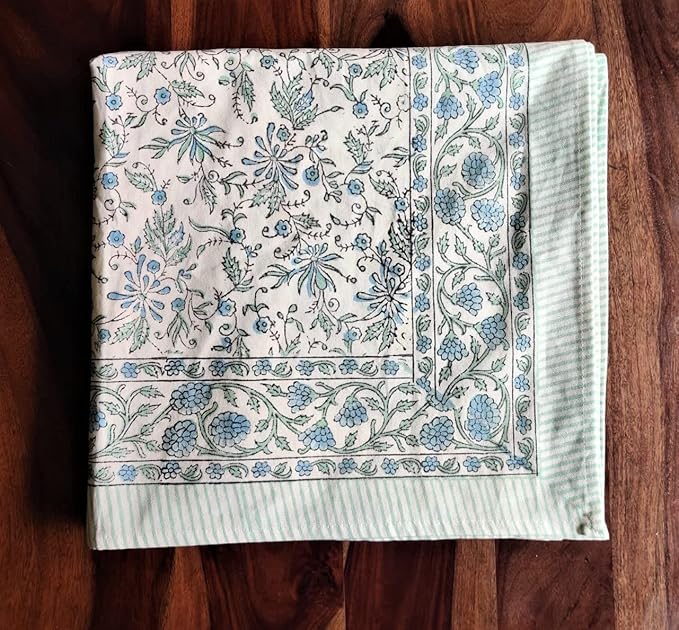 ATOSII Aster Blue 100% Cotton Rectangle Boho Fall Tablecloth, Handblock Floral Table Cloth Linen for Kitchen Dining I Parties Wedding Outdoors Christmas Thanksgiving I Fall Home Decor 60 X 90 Inches