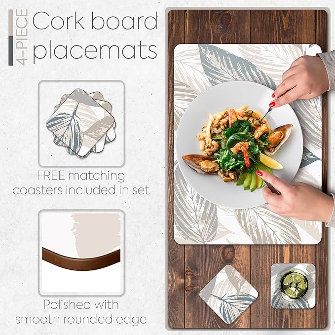 Set of 4 Heat Resistant Cork Placemats for Dining Table with Free Set of 4 Matching Drink Coasters Marble Design 16 x 12 Inches Cork Backed Hard Placemats (Farmhouse Rustic Leaves)