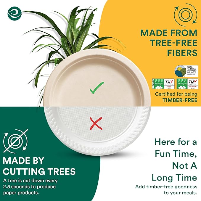 ECO SOUL 100% Compostable Paper Plates 10 Inch [100-Pack] Biodegradable Heavy Duty Eco-Friendly Disposable Plates for Dinner, Parties, Wedding & Event
