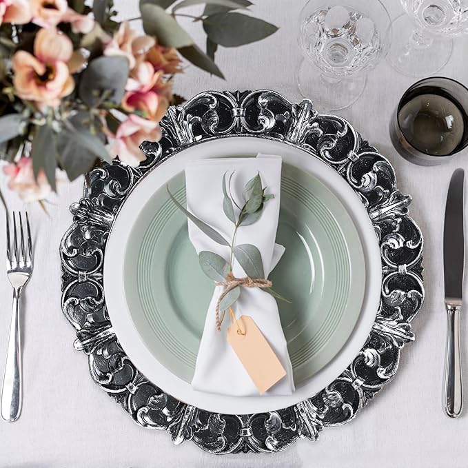 Black Charger Plates Set of 6, Decorative Table Plastic Chargers for Dinner Plates, Party, Wedding, Thanksgiving, Christmas, 11B