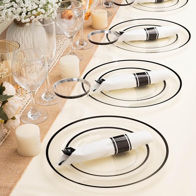 BESTSTAR 175PCS Clear and Black Disposable Plates Set for 25 Guests, 50 Plastic Plates, 25 Cups, 25 Pre-Rolled Napkins with Plastic Cutlery for Party, Birthday, Wedding, Thanksgiving, Christmas