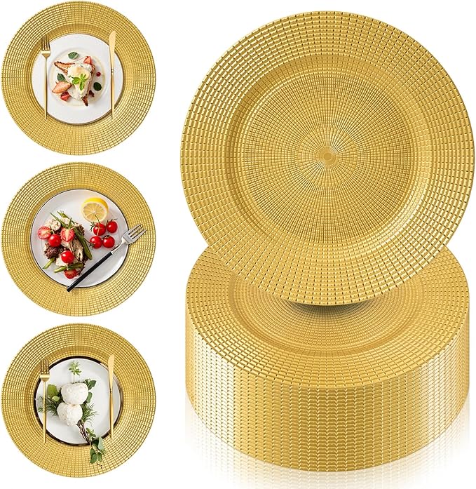 PROY 50 Pack 13" Gold Chargers for Dinner Plates, Round Plastic Chain Shaped Charger Plates,Decorative Gold Chargers for Table Setting, Wedding, Party, Event