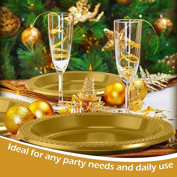 Zopeal 200 Pcs Gold Plastic Dessert Plates 6 Inch Round Gold Disposable Plates Heavy Duty Wedding Dinner Tableware for Birthday Party Dinner Picnic Salad, Appetizer Party Supplies