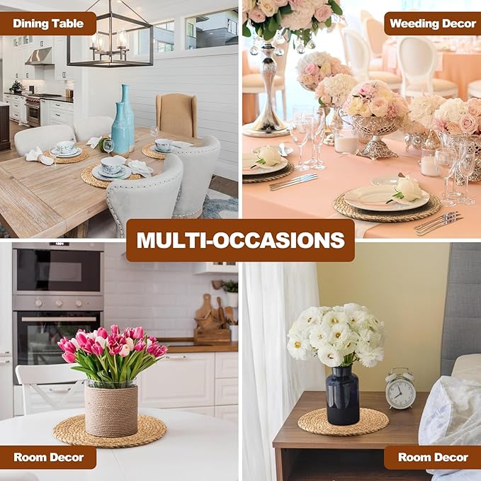 Round Woven Placemats - Boho Rattan Natural Water Hyacinth, Farmhouse Weave Place Mats, Rustic Braided Wicker Table Mats for Dining Table, Home, Wedding (13 Inch Set of 8)