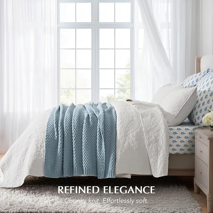EVERGRACEHOME Chunky Chenille Knit Throw Blanket for Couch, Soft Luxurious Moss Stitch Blankets for Bed, Cozy Decorative Farmhouse Knitted Throws for Sofa, Chambray Blue, 60" x 80"
