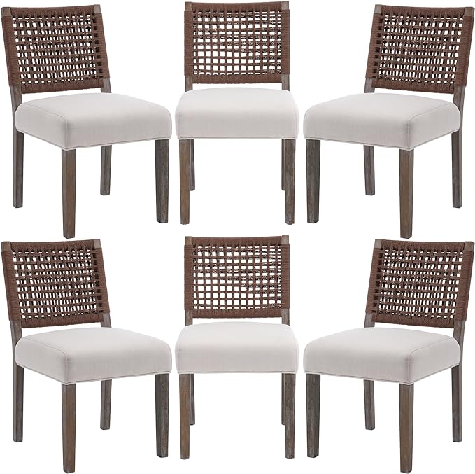 Farmhouse Dining Chairs Set of 6 Linen Fabric Upholstered Accent Side Chair, Mid Century Modern Kitchen & Dining Room Chairs with Woven Rope Back for Home, Living Room, Bedroom - Beige