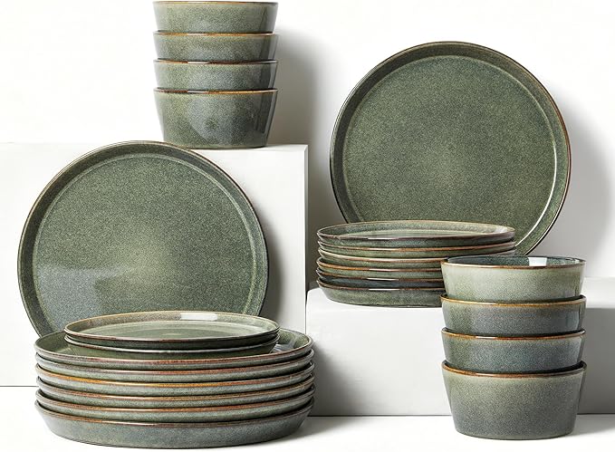 Dinnerware Sets, Microwave Safe Plates and Bowls Sets, Dishes Set for 8, Chip & Scratch Resistant Dinner Set, Handcrafted Farmhouse Dishware Sets, Green Wheat
