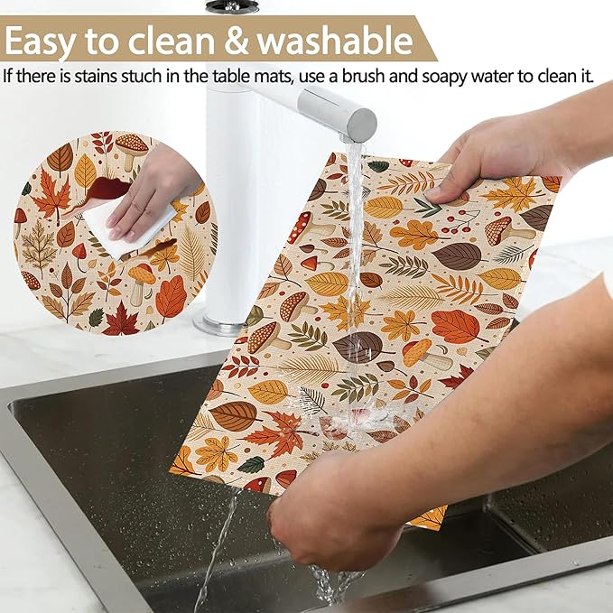 Fall Plastic Placemats, Halloween Thanksgiving Vinyl Placemats 12x18 Inch Waterproof Non-Slip Washable Table Mats for Kitchen Dining Party Table Decor,Set of 6