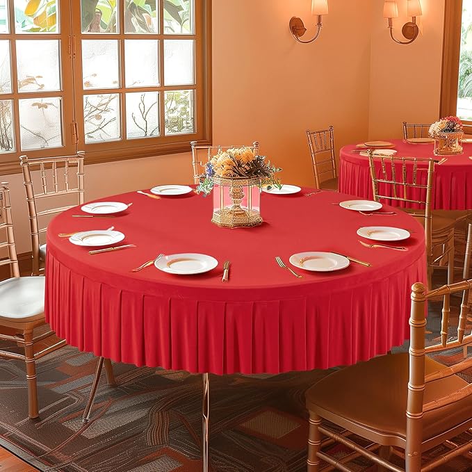 1 Pack Red Spandex Round Tablecloths for 72in Table, Stretchy Fitted 6FT Round Table Cloths, Wrinkle Free Table Cover with Skirt for Wedding Birthday Party Bridal Shower Banquet