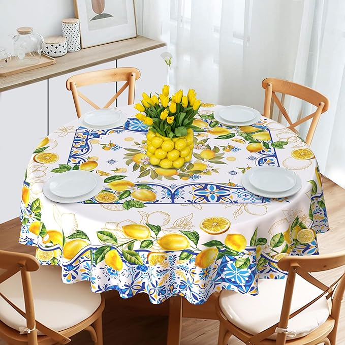Lemon Tablecloth 60 Inch Round, Yellow and Blue Mediterranean Summer Decor Tile Flower Pattern Table Cloth Italian Themed Decor for Party Table Cover for Dining Room