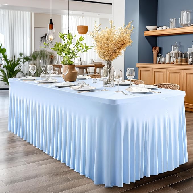Wish Care 2 Pack Baby Blue Spandex Table Clothes for 6 Foot Rectangle Tables, 6FT Wrinkle Free Fitted Tablecloths Ruffles Design Table Cover for Party, Banquet, Wedding and Events