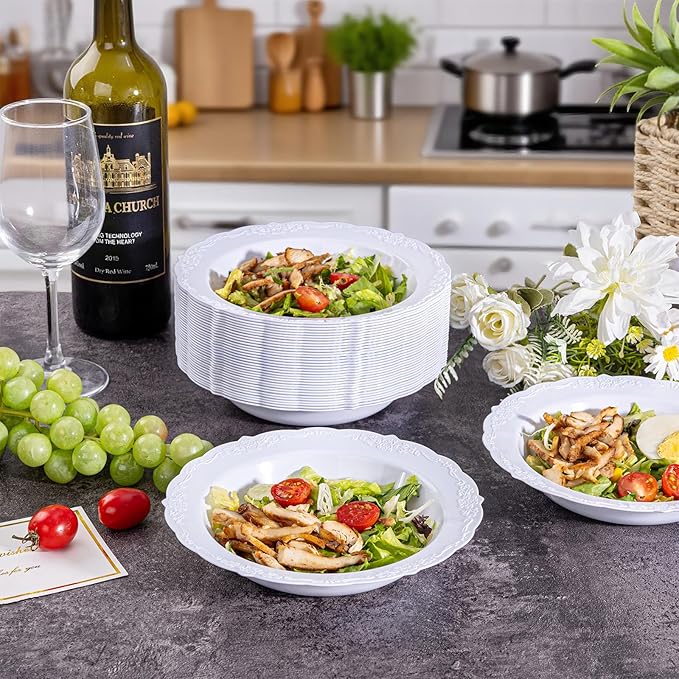 DaYammi 100 Pack White Plastic Bowls, 12oz Disposable Soup Bowls, Heavy Duty Dinner Bowl for Weddings, White Disposable Bowls for Parties, Dinners, Catering and Everyday Use