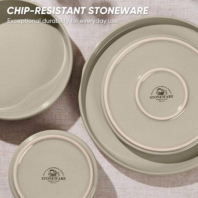 E-far 8-Piece Plates and Bowls Sets - Stoneware Dinnerware Sets with Pasta Bowls for 2 | Microwave & Dishwasher Safe Kitchen Modern Dish Set, Speckled Khaki