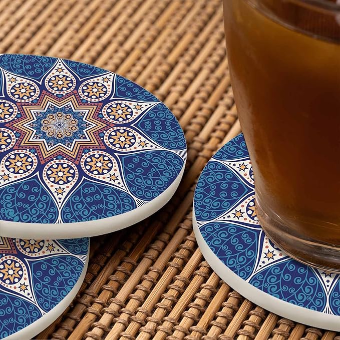 Kaleidoscopic Floral Pattern Round Coaster for Home Coffee Table Mandala Lace Chinese Mosaic Ornament Farmhouse Drink Coasters 100% Diatomite 4''X 4''X 0.35'' Printed Pattern