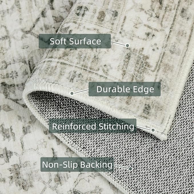 Runner Rug 2x5 Rug Boho Small Washable Area Rugs for Entryway Bathroom Kitchen, Hallway Runner Rugs Soft Low Pile Non-Slip Rubber Backing Oriental(Border Cream