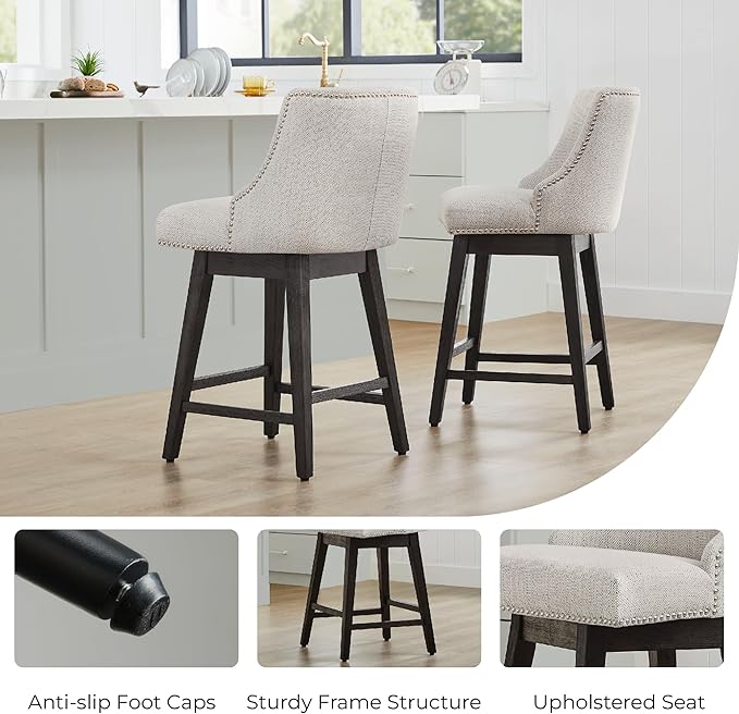 CHITA Counter Height Swivel Bar Stools Set of 4, FSC Certified Upholstered Counter Stools, Modern Swivel Barstools with Wood Legs for Kitchen Island, 26" Seat Height, Fabric in Ivory