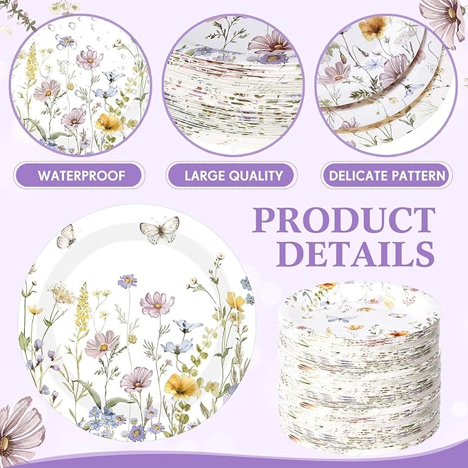 60 Pcs 7 Inch Floral Party Plates Wildflower Paper Plates Spring Summer Disposable Dinnerware Decoration for Tea Party Dinner Birthday Baby Shower Bridal Wedding Supplies