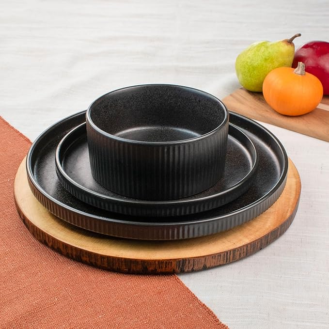 Sango 12 Pieces Stoneware Fluted Dinnerware Set, Modern Black Dishes for 4, Premium Serving Plates and Bowls Sets, Chip & Scratch Resistant, Ceramic Kitchen Dish, Microwave & Dishwasher Safe, Anderson