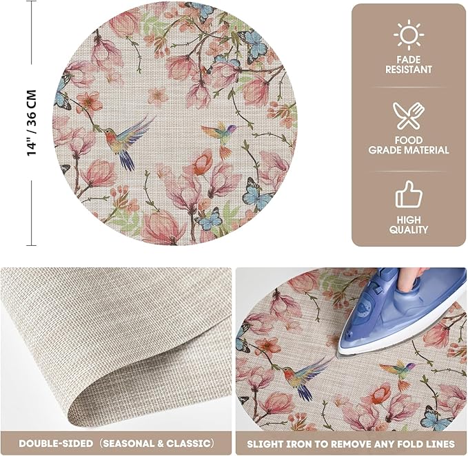 Artoid Mode Birds Flower Butterfly Round Placemats Set of 4, 15 Inch Plastic Woven Wipeable Non-Slip PVC Table Mats for Party Kitchen Dining Decor